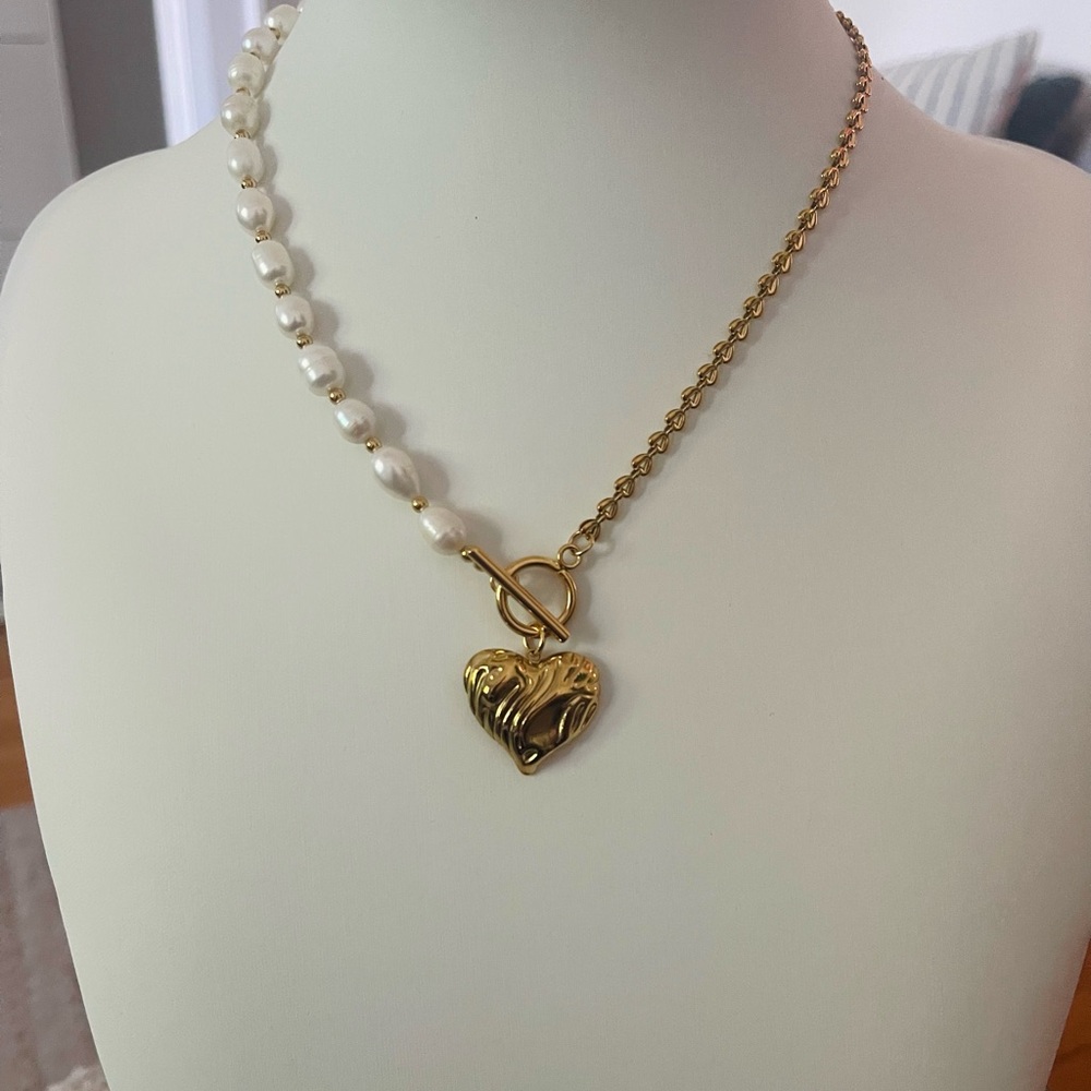 18K Gold Plated Heart and Freshwater Pearl Necklace